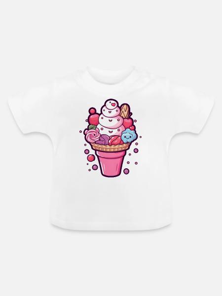 Süße Erdbeereis Waffel mit Gesichtern - Baby Bio-T-Shirt mit Rundhals - Weiß