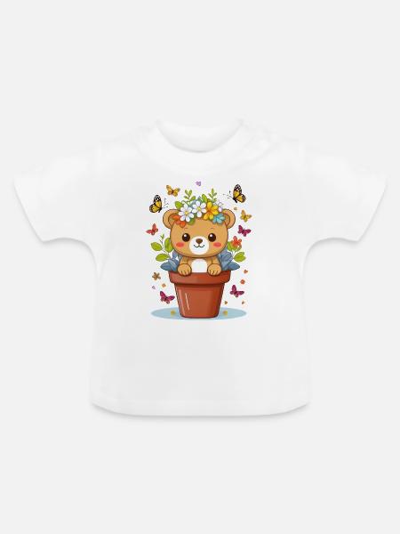 Niedlicher Teddy-Bär im Blumentopf - Baby Bio-T-Shirt mit Rundhals - Weiß