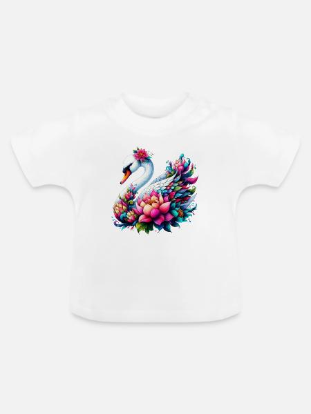 Schwan verziert mit Lotusblüten - Baby Bio-T-Shirt mit Rundhals - Weiß