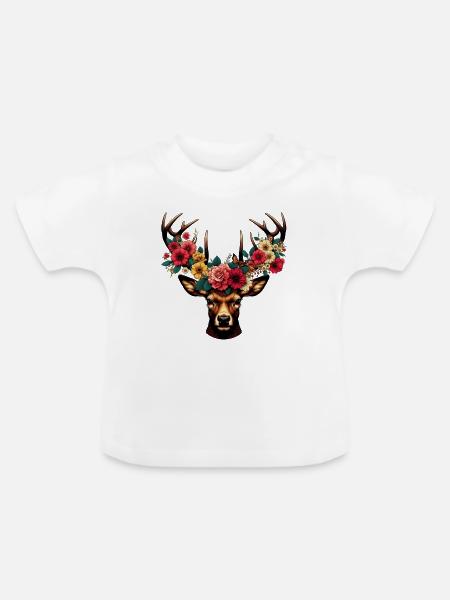 Hirsch mit Blumen - Baby Bio-T-Shirt mit Rundhals - Weiß