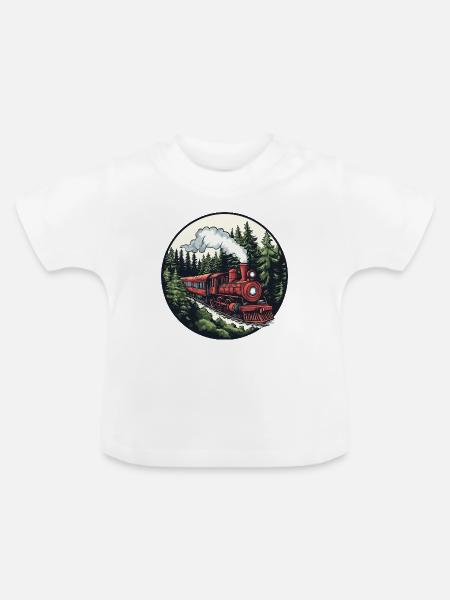 Dampflok im Wald - Baby Bio-T-Shirt mit Rundhals - Weiß