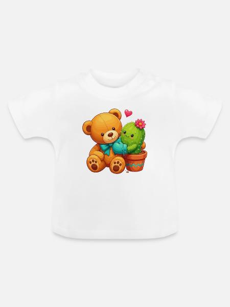 Kuschelbär und blühender Kaktus - Baby Bio-T-Shirt mit Rundhals - Weiß