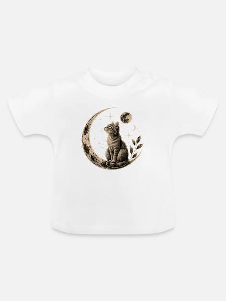 Mystische Katze auf Mondsichel mit Sternen - Baby Bio-T-Shirt mit Rundhals - Weiß
