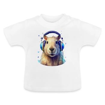 Capybara écoutant de la musique avec des écouteurs - T-shirt bio col rond Bébé - blanc - Devant
