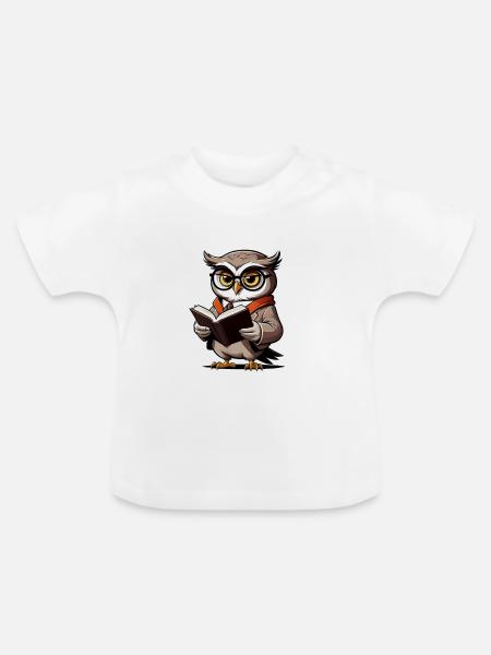 Eule mit Brille und Buch - Baby Bio-T-Shirt mit Rundhals - Weiß