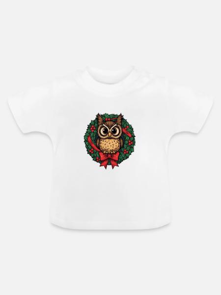 Eule im Weihnachtskranz - Baby Bio-T-Shirt mit Rundhals - Weiß