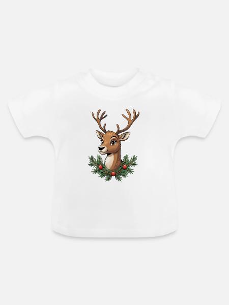 Hirschkopf mit Weihnachtskranz - Baby Bio-T-Shirt mit Rundhals - Weiß