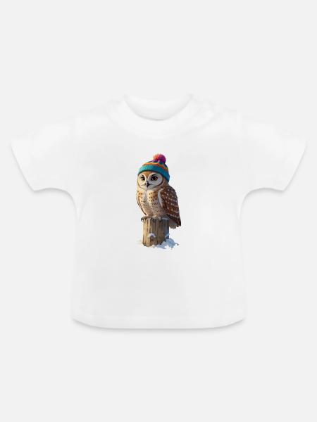 Eule mit buntem Winterhut - Baby Bio-T-Shirt mit Rundhals - Weiß