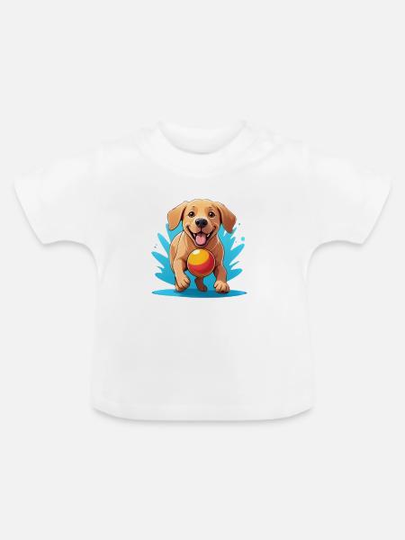 Fröhlicher Hund mit Ball Cartoon - Baby Bio-T-Shirt mit Rundhals - Weiß