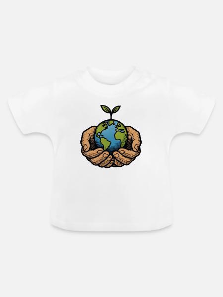Erde in Händen mit Keimling - Baby Bio-T-Shirt mit Rundhals - Weiß