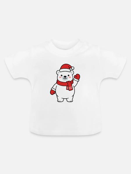 Niedlicher Kawaii-Eisbär winkt mit Weihnachtsmütze - Baby Bio-T-Shirt mit Rundhals - Weiß