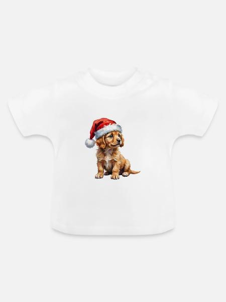 Süßer Welpe mit Weihnachtsmütze - Baby Bio-T-Shirt mit Rundhals - Weiß