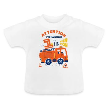 pompiers pour enfants 1er anniversaire 1 an - T-shirt bio col rond Bébé - blanc - Devant