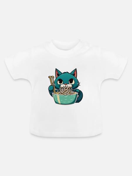 Katze isst Instant Noldes - Baby Bio-T-Shirt mit Rundhals - Weiß