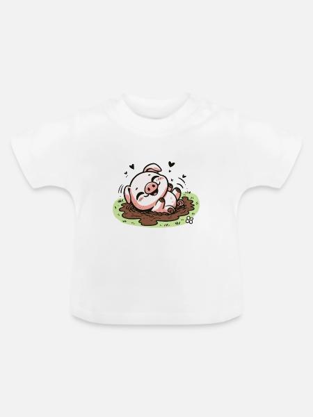 Niedliches Schweinchen im Schlamm - Baby Bio-T-Shirt mit Rundhals - Weiß