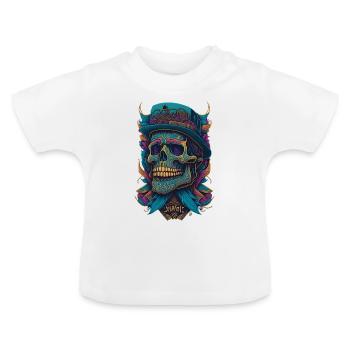 Squelette Crâne avec chapeau et fleurs Bande dessinée cool - T-shirt bio col rond Bébé - blanc - Devant