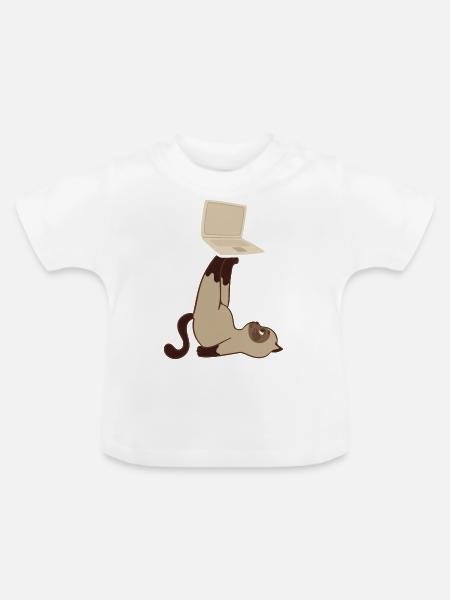 Katze mit Laptop - Baby Bio-T-Shirt mit Rundhals - Weiß