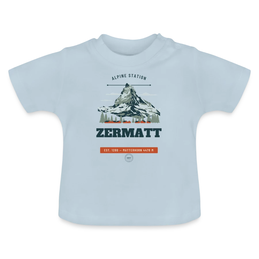Zermatt badge on a baby organic t-shirt with round neck, light blue