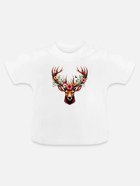 Hirsch mit Blumen - Baby Bio-T-Shirt mit Rundhals - Weiß