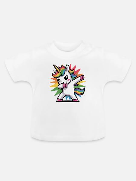 Buntes Einhorn mit Regenbogen-Mähne - Baby Bio-T-Shirt mit Rundhals - Weiß