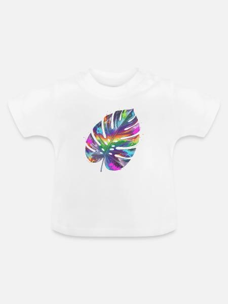 Regenbogen Monstera Wasserfarbe - Baby Bio-T-Shirt mit Rundhals - Weiß