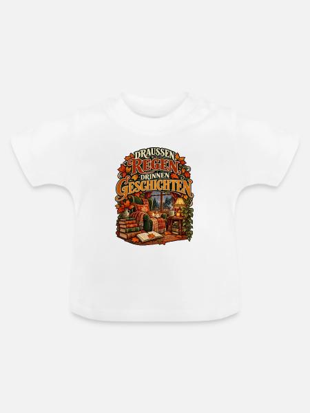 Draußen Regen, drinnen Geschichten - Baby Bio-T-Shirt mit Rundhals - Weiß