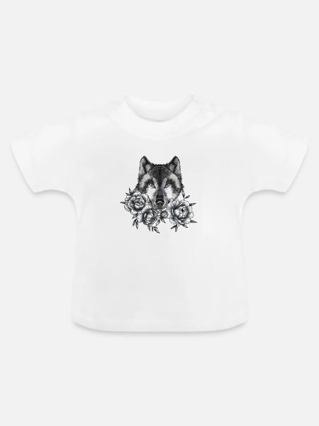 Wolf und Pfingstrosen - Baby Bio-T-Shirt mit Rundhals - Weiß