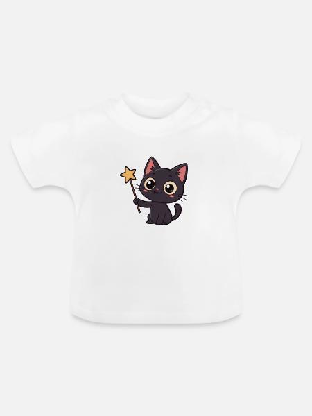 Magische Katze und Sternenzauberstab - Baby Bio-T-Shirt mit Rundhals - Weiß