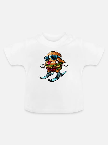 Lustiger Skifahrer mit Cheeseburger Comic - Baby Bio-T-Shirt mit Rundhals - Weiß