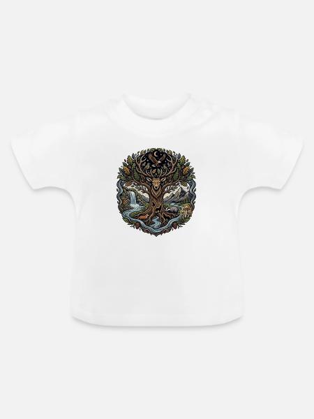 Mondwald Hirsch mit Flusslandschaft - Baby Bio-T-Shirt mit Rundhals - Weiß
