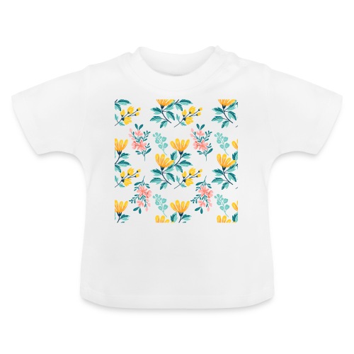 PATRÓN DE FLORES amarillo y rosa - Camiseta orgánica para bebé con cuello redondo