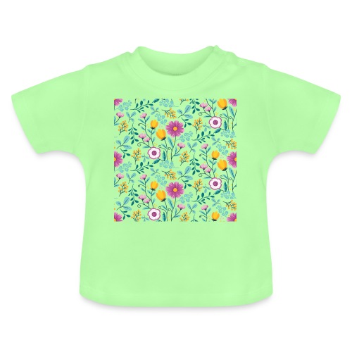 PATRÓN DE FLORES amarillo y púrpura - Camiseta orgánica para bebé con cuello redondo