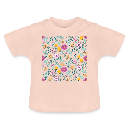 PATRÓN DE FLORES amarillo y púrpura - Camiseta orgánica para bebé con cuello redondo