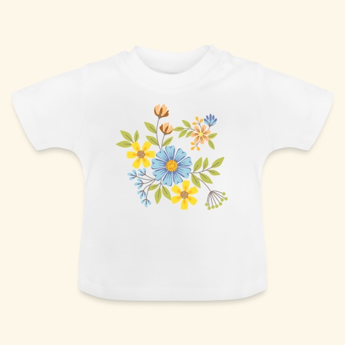 Blue Cream and Yellow FLOWERS - Camiseta orgánica para bebé con cuello redondo
