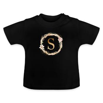 Personalisierbar Monogramm Watercolour Floral S - Baby Bio-T-Shirt mit Rundhals - Schwarz - Vorne