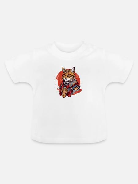 Samurai-Katze - Baby Bio-T-Shirt mit Rundhals - Weiß