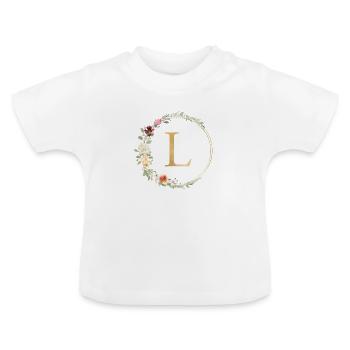 Customizable Monogram L Floral - Baby Organic T-Shirt with Round Neck - white - Front