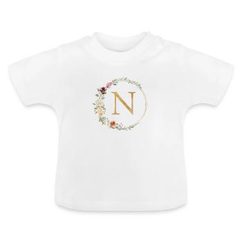 Monogramme N Floral personnalisable - T-shirt bio col rond Bébé - blanc - Devant