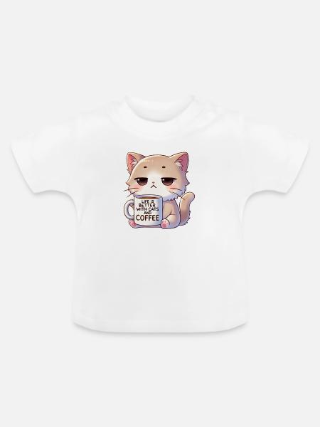 Katze Mit Kaffe - Baby Bio-T-Shirt mit Rundhals - Weiß