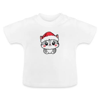 Cat with Santa Hat - Christmas Cat - Baby Organic T-Shirt with Round Neck - white - Front