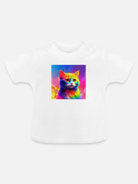 Niedliche regenbogenfarbene Katze - Baby Bio-T-Shirt mit Rundhals - Weiß