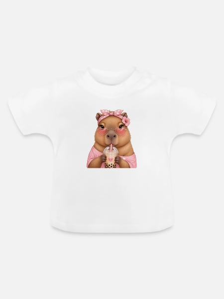 Capybara Girl Bubble Tea - Baby Bio-T-Shirt mit Rundhals - Weiß