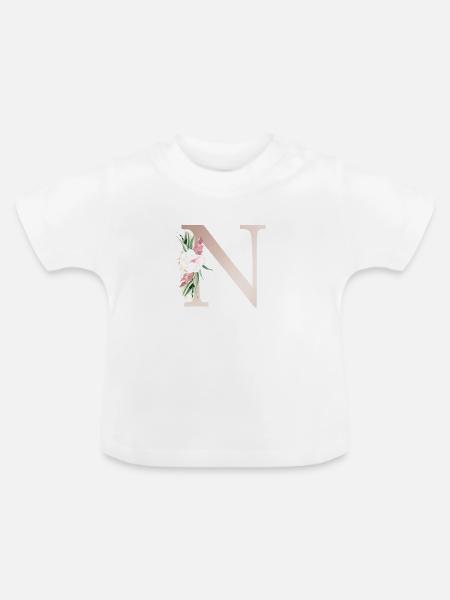Personalisierbar Monogramm N Floral - Baby Bio-T-Shirt mit Rundhals - Weiß