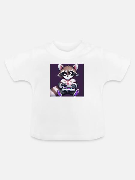 kaweii racoon playing computer games - Baby Bio-T-Shirt mit Rundhals - Weiß