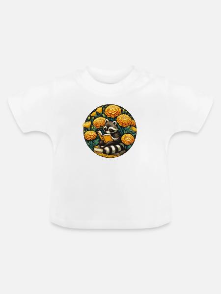 Lesewaschbär mit Ringelblumen - Baby Bio-T-Shirt mit Rundhals - Weiß