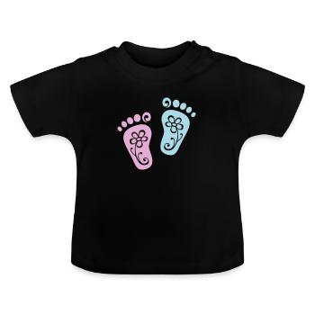 Baby Feet, Heart, Flower, Birth Gift, Footprint - Baby Organic T-Shirt with Round Neck - black - Front