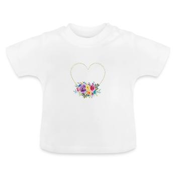 Fleurs de cœur personnalisables, dorées et colorées - T-shirt bio col rond Bébé - blanc - Devant