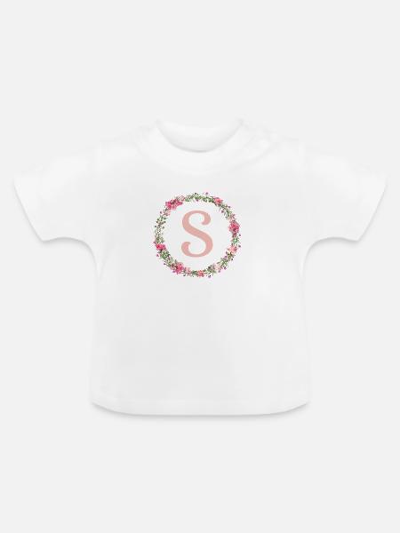 S Monogramm, Blumen-Kranz, personalisierbar - Baby Bio-T-Shirt mit Rundhals - Weiß