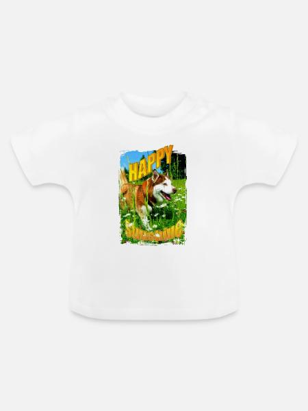 Fröhlicher Hund im Blumenfeld - Baby Bio-T-Shirt mit Rundhals - Weiß