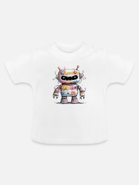 Bunter Roboter mit Farbspritzern - Baby Bio-T-Shirt mit Rundhals - Weiß